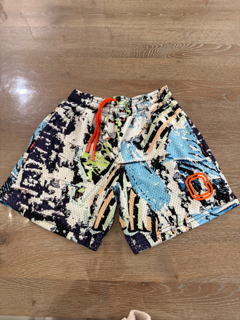 Kids' Multicolor Abstract Print Shorts with Orange Drawstring